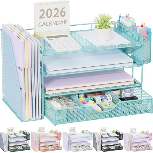 Image of gianotter Desk Organizers and Accessories with File Holder, 4-Tier Desk Accessories & Workspace Organizers with Drawer and 2 Pen Holder, Paper Organizer for Office Supplies (Blue)
