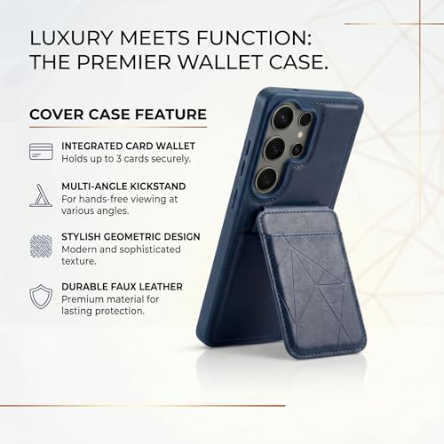 Image of amazon basics Premium Vegan Leather Back Cover with Card Holder and Integrated Mobile Stand for Samsung Galaxy S26 Ultra 5G - Slim Shockproof Wallet Case with Geometric Stitching [Blue]