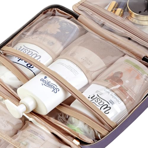 Image of NISHEL Travel Toiletry Bag for women, Portable Hanging Organizer for Full-Sized Shampoo, Conditioner, Brushes Set, Makeup Accessories, Large Size, Purple