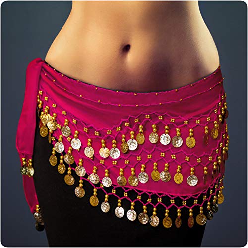 MyBeautyworld24 Belly Dance Bauchtanz Hüfttuch Kostüm 128 goldfarbenen Münzen Münzgürtel Fasching Karneval Tanzaufführung Gürtel in pink/Marke PRECORN Cover