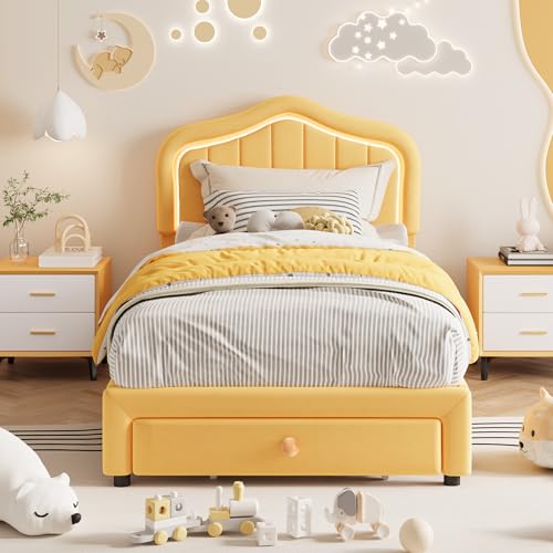GarveeHome Twin Upholstered Bed Frame with Storage Drawer and Smart Led Headboard, Twin Size Platform Bed Frames for Kids, Wooden Slats Support, No Box Spring Needed, Easy Assembly, Yellow