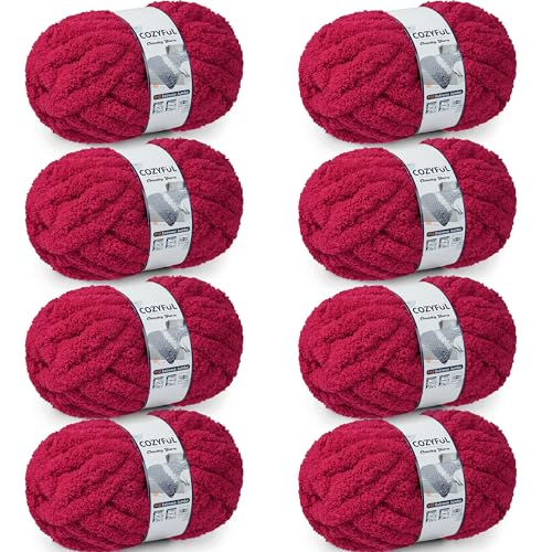Cozyful Chunky Yarn for Hand Knitting - #10 Chunky Chenille Yarn Jumbo Big Thick Chunky Yarns for Crocheting Super Bulky Chunky Knit Blanket Yarns 8 Skein (22 yds 8 oz Each Skein) Cherry Red