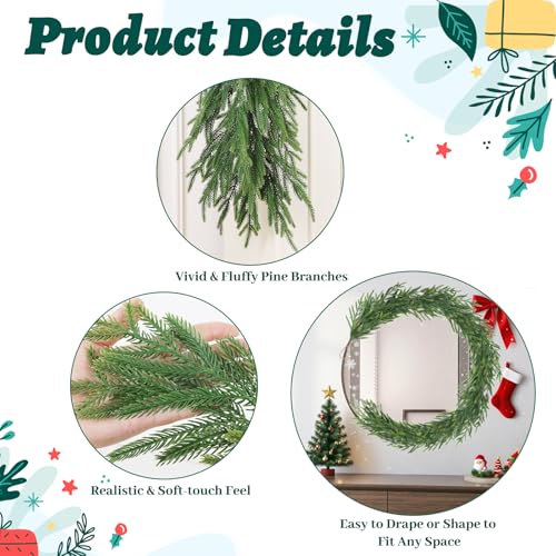 TOWPONICS 2Pcs 6FT Christmas Garland, Norfolk Pine Garland for Mantle Decor - image 4
