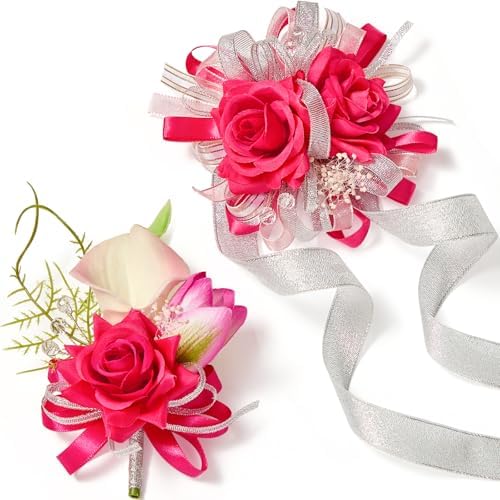 Serwalin Hot Pink Prom Corsage and Boutonniere Set, Artificial Ca...