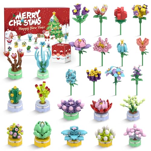 Calendrier de l'Avent Filles lot de 24 Blocs de Construction Succulents et Bouquets pour Enfants Calendrier de l'Avent 24 jours Cadeaux pour enfants Garçons...