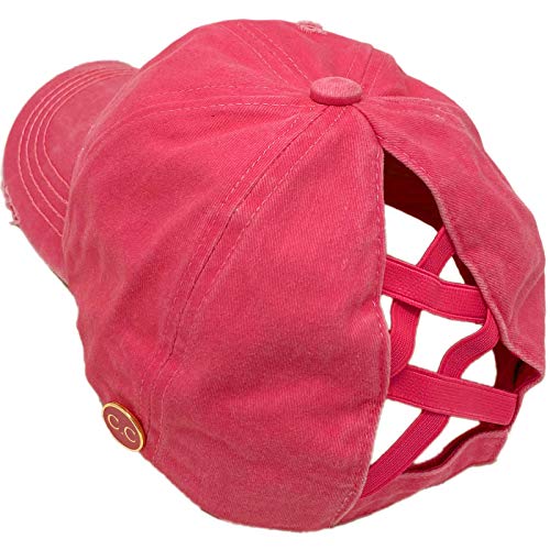 C.C Ponytail Criss Cross Messy Buns Ponycaps Baseball Cap Dad Trucker Mesh Hat (Button Hook Distressed Pink)