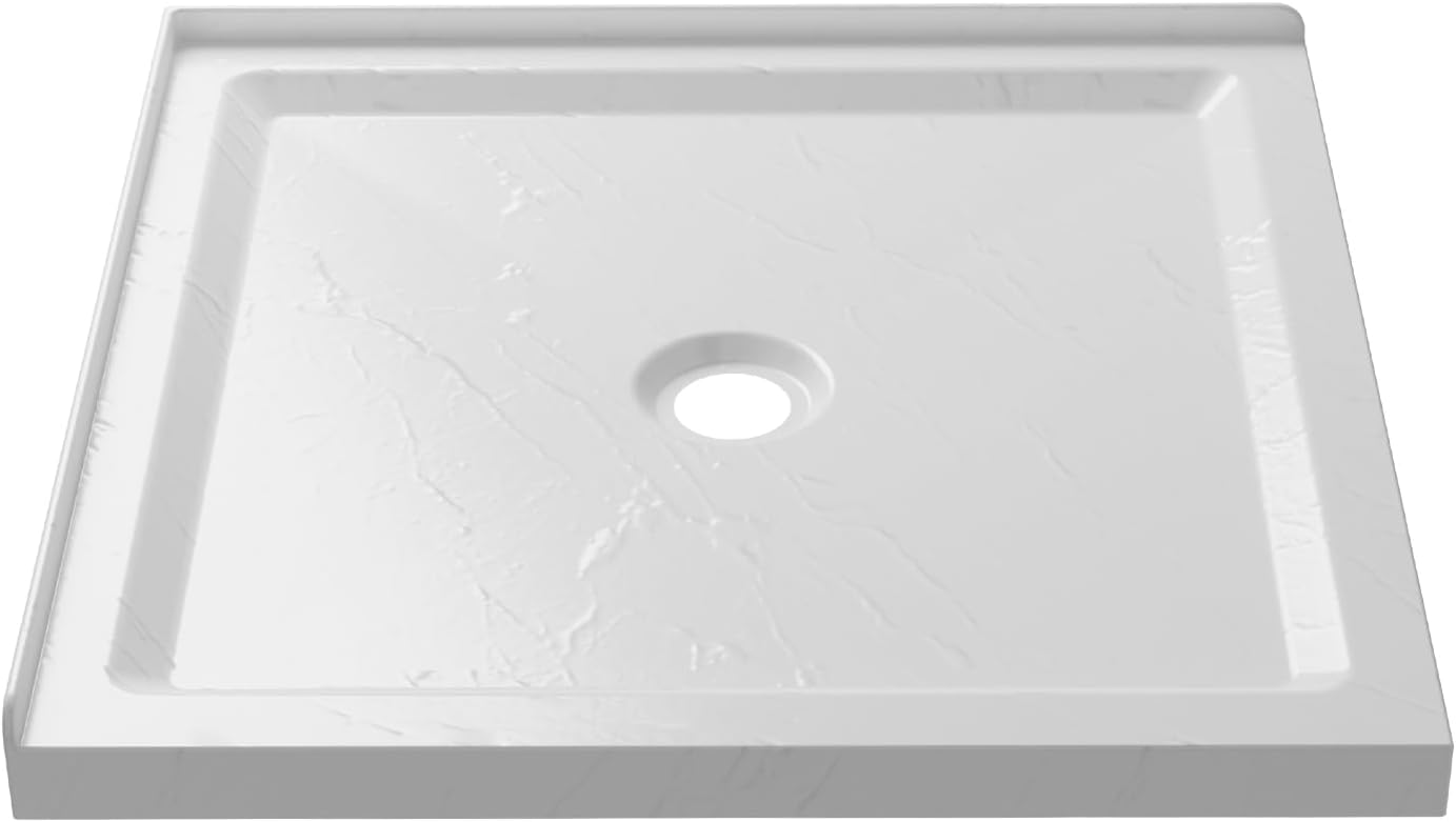 36" x 36" Single Threshold Shower Base | Stain & Scratch Resistant | Unique Slate-Look Non-Slip Texture | Square Acrylic Shower Pan For 3-Wall Installation | Slate White