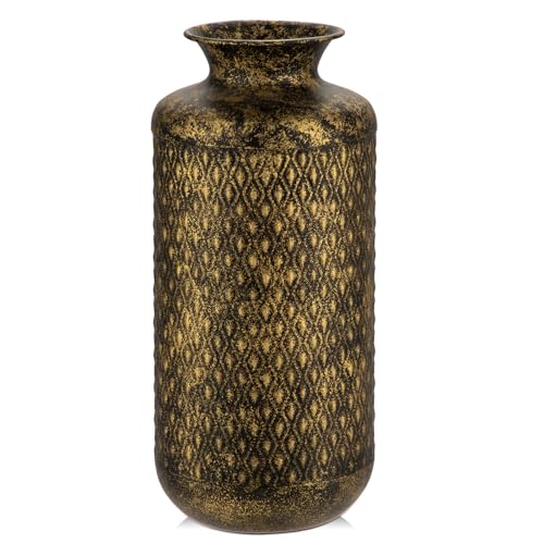 Vase à fleurs, 35,5 cm, en métal, rustique, noir, décoratif, avec motif doré, pour arrangements floraux, fleurs séchées, table à manger, décoration de bureau