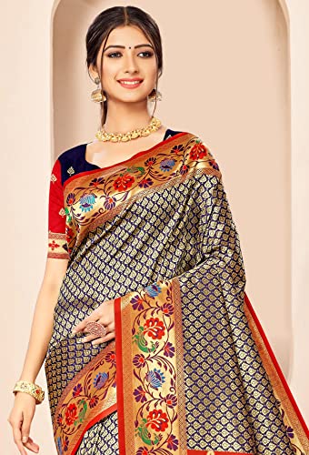 Image of Jaanvi fashion Women's Paithani Silk With Zari Jacquard Work Saree With Blouse Piece(royal-paithani-blue-red)