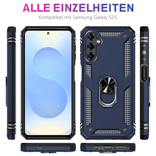Image of Heavy Duty Case for Samsung Galaxy S25 Phone Case with Screen Protector, Military Grade Shockproof Rugged Protective Cover for Samsung S25, with Metal Ring Magnetic Kickstand (Blue)
