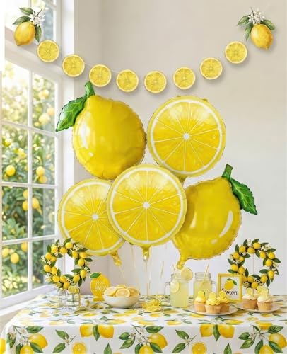 Lemon leaves Lemon foil Balloons Summer lemonade with Banner for Fruit theme birthday she found her main squeeze Bridal Shower Sweet Baby shower Lemonade Centerpiece amalfi coast wedding decorations