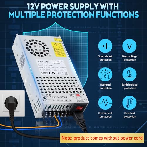 BOSYTRO Trafo 230v auf 12v Netzteil Schaltnetzteil 12V 50A 600W Netzteil Power Supply Transformator für LED Streifen, CCTV, Radio, Kamera, Labornetzteil, Computerprojekt, 3D Drucker, kein Netzkabel – Bild 5
