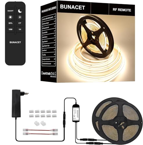 BUNACET COB LED Strip Dimbaar 12M 24V, LED Strip Natuurlijke Wit 4000K, 480LEDs/M Hoge Dichtheid CRI90+, Flexibele COB LED Verlichting met Power Adapter en RFafstandsbediening voor Keuken Slaapkamer