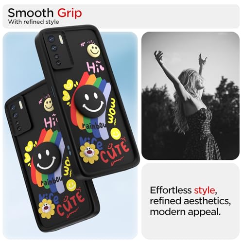 Image of Pikkme Back Cover for Oppo F15 | Soft Silicone| Cute Rainbow Smile & 3D Cartoon Flower Design | Shockproof Raised Camera Protection Bumper Case (Black)