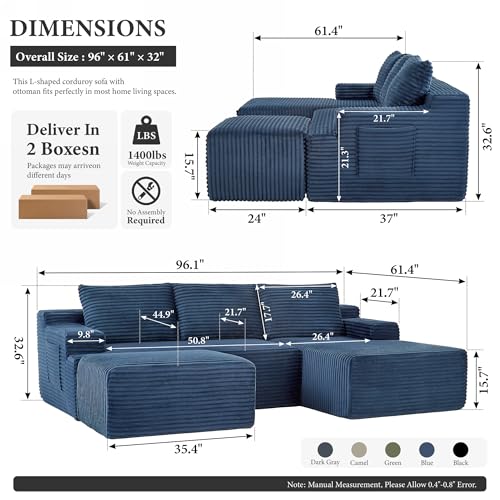 Image of 96 inch Sectional Couches for Living Room Cloud Couch Sofa with L-Shape Upholstered Boneless Couchs Modern Modular Sectional Couch with Chaise