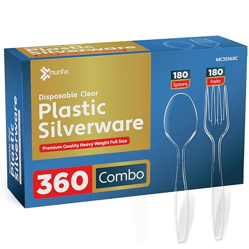 360 Count Plastic Silverware Set, 180 Forks, 180 Spoons, Heavy Duty BPA Free Disposable Cutlery Set, Premium Clear Plasticware for Party Supplies