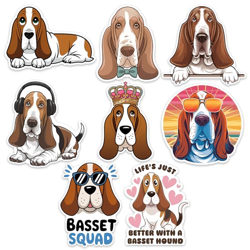 Image of Basset Hound Dog Sticker 8 Pcs (Large Size) Vinyl Stickers Laptop Waterproof Decal for Car Bumper Water Bottle Window Funny Party Birthday Decorations - Size 4 Inches