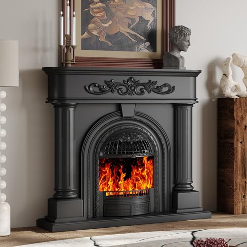 Image of Electric Fireplace with Mantel, Solid Wood Black TV Stand with Fireplace for Living Room,Black Birdcage Fire Place Heater with Roman Column Design for Bedroom