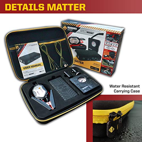 RUGGED GEEK RG1200 Safety Plus 1200A Portable Car Jump Starter with Wireless Charging, Type-C Ports and 12V Air Compressor/Pump. LED Display, INTELLIBOOST 2.0 Safety Cables, LED Flashlight, USB Ports.