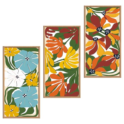IARTTOP Boho Floral Wood Wall Art Framed 8x16 Inch Set of 3 Minimalist Botanical Plant Wooden Wall Decor Colorful Mid-century Modern Flower Artwork for Living room Bedroom Office
