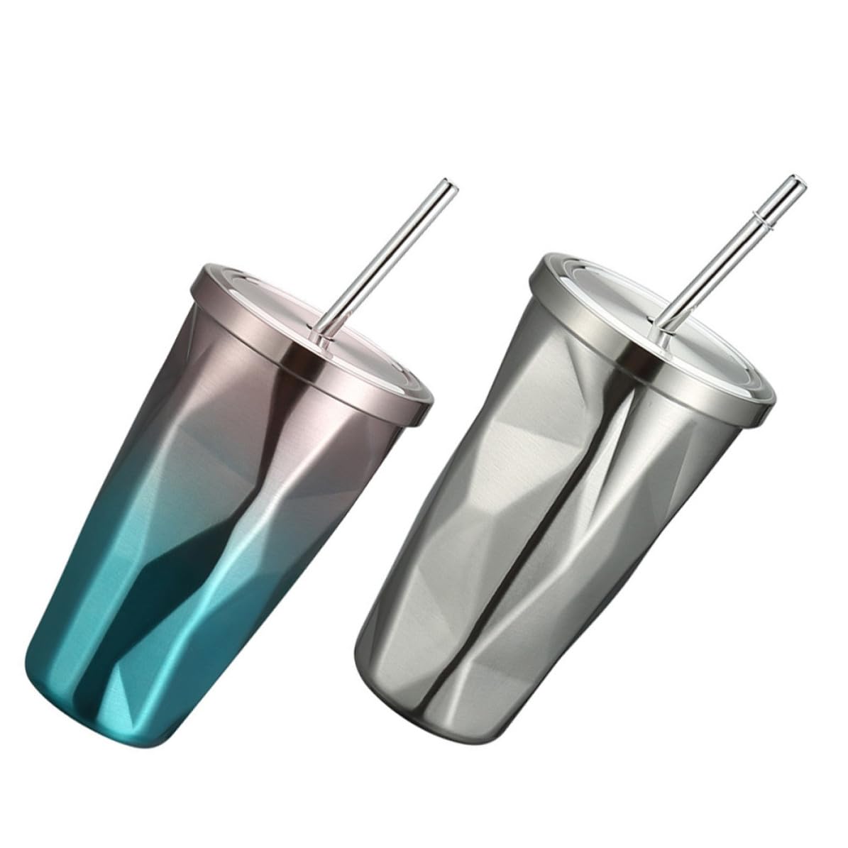 2 Stück pack Doppelwandige Edelstahl Isolierbecher mit Strohhalm Tragbar und Kreativ für Kaffee Zuhause oder Restaurant Modernes Design 500ml