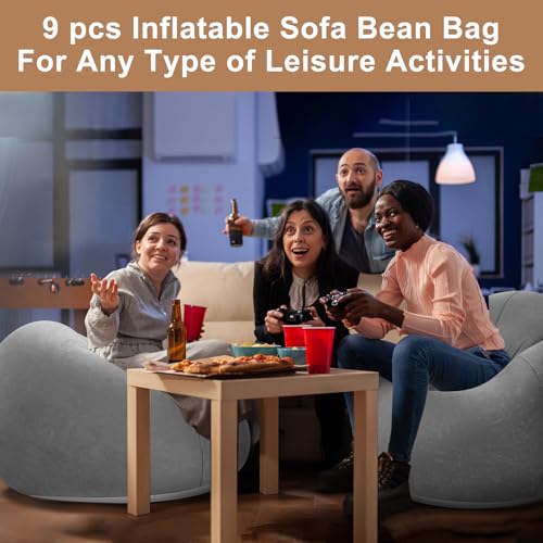 Image of Realspring 9 Pcs Inflatable Bean Bag Chair, Air Pump,Grey | Electric Pump for Inflation, Foldable Blow up Chairs for Outdoor Movie Seating, Portable Sofa for Adults Camping