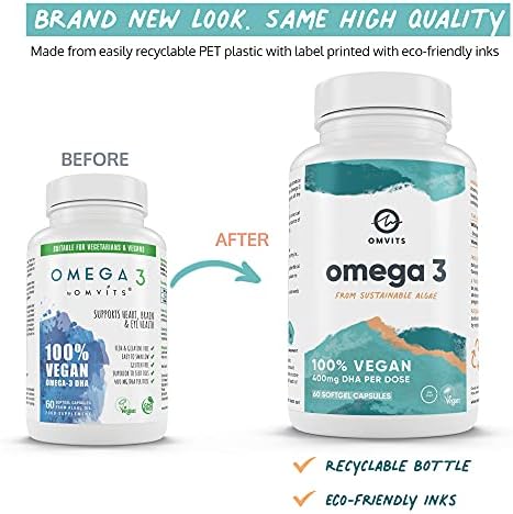 Omvits Vegan Omega 3 DHA Supplement from Algae Oil - 60 Capsules with Vitamin E - Sustainable Algal Alternative to Fish Oil - Vegetarian Essential Fatty Acids - Supports Heart, Brain & Eye Health