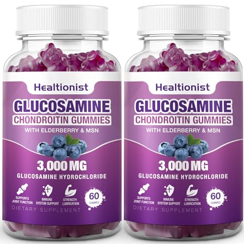 Healtionist 2 Packs 3000mg Glucosamine Chondroitin Gummies with MSM & Elderberry - Extra Strength Joint Health Flexibility Antioxidant Immune Support Supplement Gummy for Adults Men & Women 120 Cts