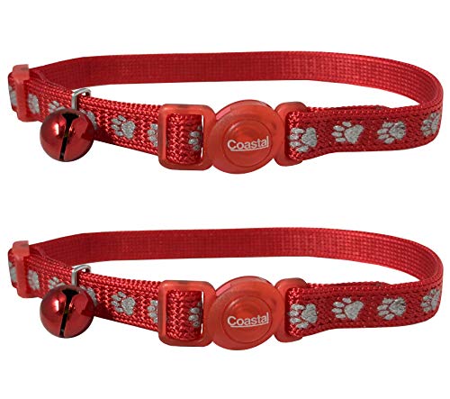 Coastal Pet Safe Cat Reflective Snag-Proof Adjustable Breakaway Cat Collar with Bell | Red Paw Prints | 5/8