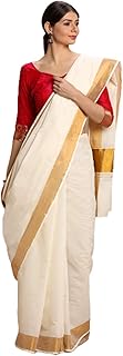 Women's Kerala Cotton Kasavu Saree - 6.25 Mtrs Onam Saree With Running B...