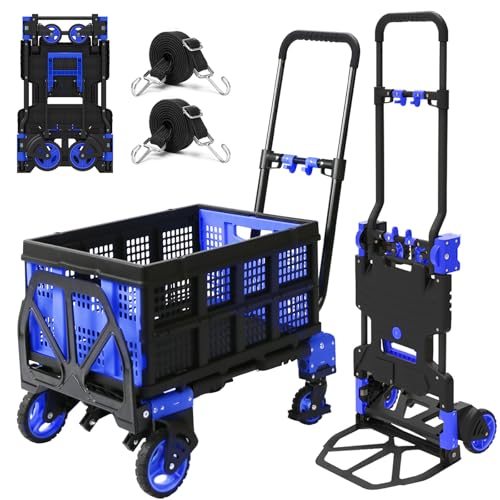 2 in 1 Folding Hand Truck with Folding Basket,Heavy Duty Hand Truck Dolly 330lbs Capacity with Telescoping Handle and Rubber Wheels,Portable Dolly Cart with Bungee Cords for Moving