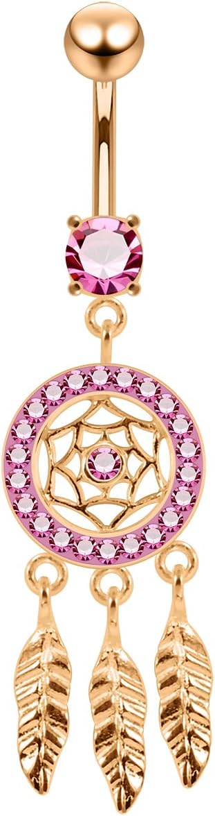 Multi Crystal Gemstones Rose Gold Plated Mini Dream Catcher Dangling Design 925 Sterling Silver with Stainless Steel Belly Ring - Belly Button jewelry - Navel jewelry