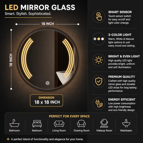 Image of LED Smart Bathroom Mirror with Touch Sensor | 3-in-1 Light Modes - Warm White | Cool White & Natural Light | Office and Home Use (Round, 18x18)