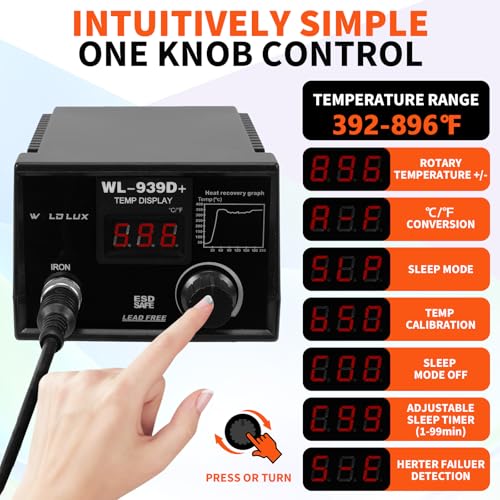 Image of 939D+ Digital Soldering Station, 100W Equivalent Soldering Iron Kit with PID Temperature Control (392F-896F), F /C Display, Fast Heating, ESD Safe, Lead Free Accessories (Black)