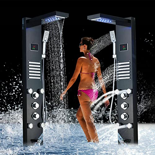 Sistema de Torre de Ducha Negro con Panel, LED, Cascada, Cabezal de Lluvia y Boquillas de Masaje miniatura 2