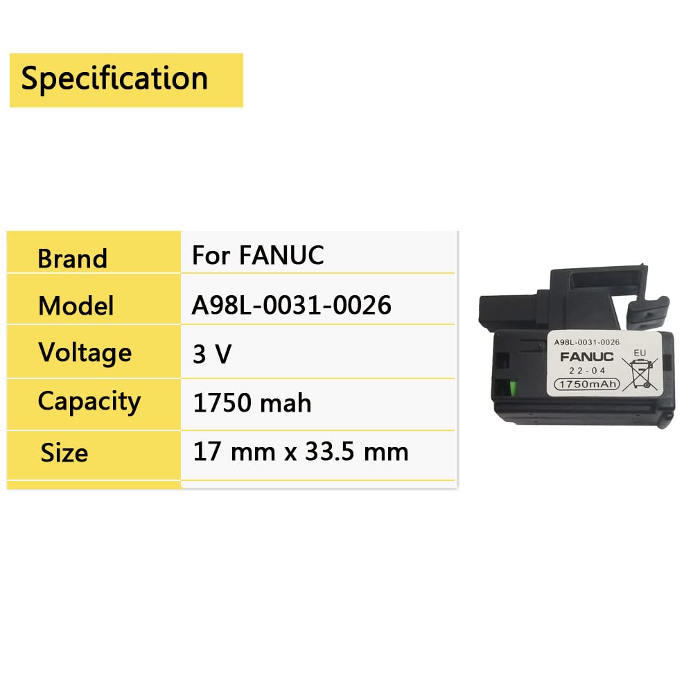 STEPMAX 1 Pack 3V 1750mAh FANUC A98L-0031-0026 PLC Battery, Replacement for FANUC A02B-0309-K102 CNC Machine Controler Battery