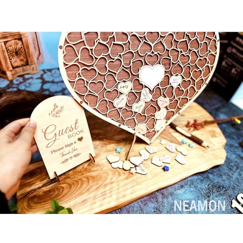 Image of Wedding Guest Book Unique Wooden Heart Alternative GuestBook Bridal Shower Wedding Decoration with 83 Wooden Hearts 1 Sign Pen Set (Reddish Brown)