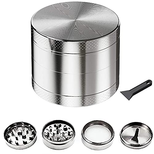 Molinillo de Hierbas, Grinder Metalico, Trituradora de Polen, Aleación de Zinc 4 Capas Mini Portátil Molinillos de Especias con Raspador y Pantalla de Malla para Té, Hierbas, Ingredientes (Plata)