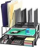SimpleHouseware Mesh Desk Organizer with Sliding Drawer, Double Tray and 5 Upright Sections, Black