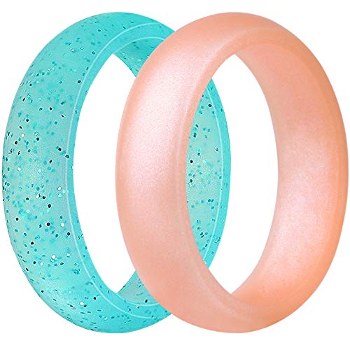 QVOW Silicone-Rubber Wedding Ring for Women Men Size 5 (2 Rings Pack), Womens Silicone Wedding Ring-Band with Embedded Sparkles, 2mm Thick, 5.5mm Width, Rose Gold, Green with Green Glitter