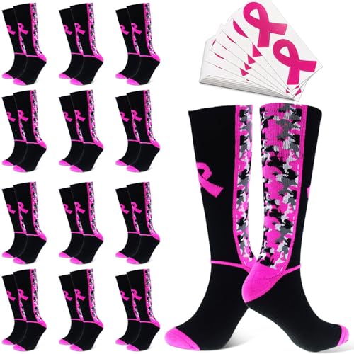1 or 12 Pairs Breast Cancer Awareness Socks Bulk Set，Thick Camouflage Pink Ribbon Football Socks for Events, Youth & Adult