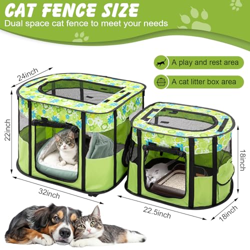 Image of Portable Cat Playpen, Foldable Indoor Outdoor Pet Tent with 2 Areas | Detachable dual compartments, 600D Oxford fabric, mesh panels, top zip opening, tent pegs, carry bag for travel or home