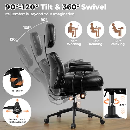Image of ovios Ergonomic Office Chair, High Back Faux Leather Executive Chairs with Thick Cushion, Comfy Mid-Century Modern Swivel Rolling Computer Armchair (Black, PU Leather)