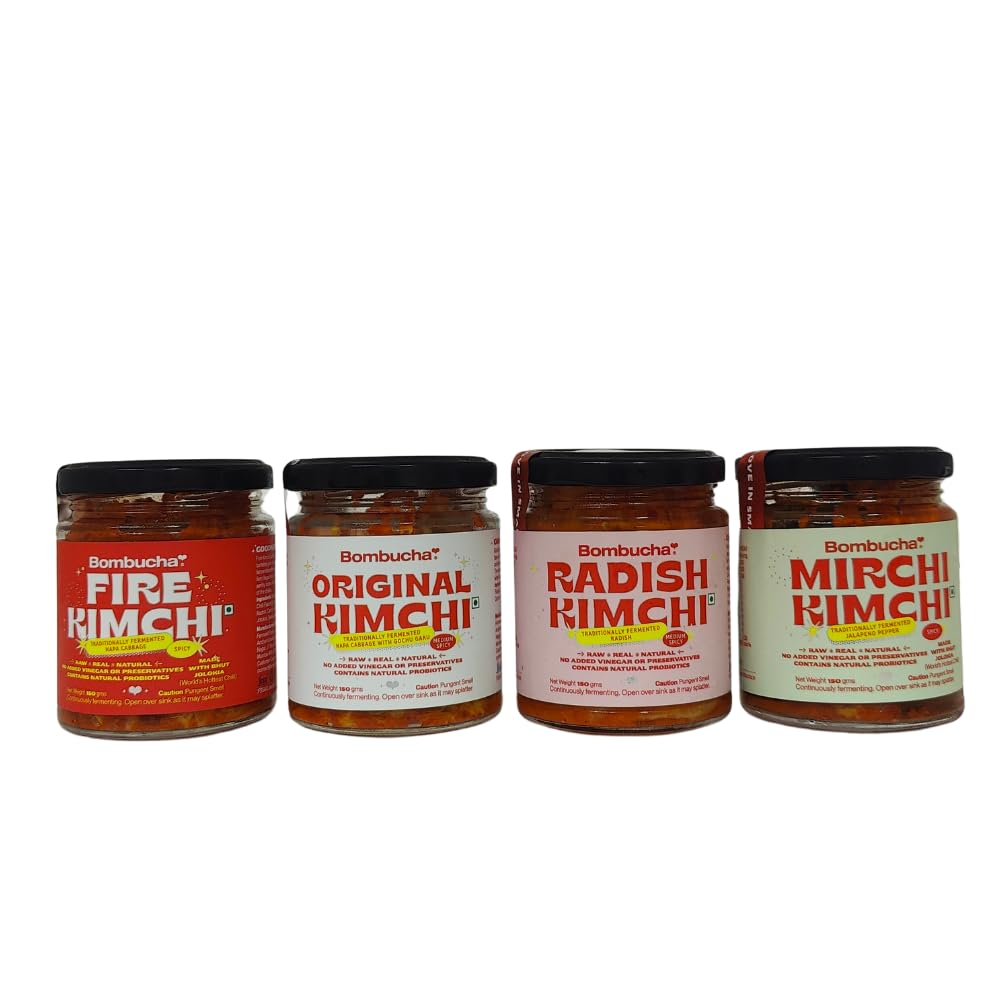BombuchaKimchi Trial Pack | Original Kimchi,Radish Kimchi,Mirchi Kimchi & Fire Kimchi 150g | 100% Veg | Traditionally & Naturally Fermented | Raw & Unpasturized I No preservative I No artificial Flavoruing I No Vinegar I Healthy Food I Enjoy with Ramen Noodles| Pack of 4