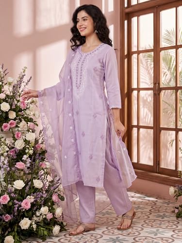 Image of INDO ERA Women's Silk Blend Embroidered Thread Work Kurta & Pant with Dupatta Set | Suit Set For Women