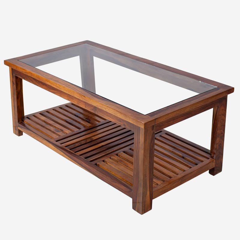 Image of Sheesham Wood Coffee Table with Storage Wooden Tea Table with Glass Top for Living Room Home Office Furniture Solid Wood Teapoy (Honey Finish) Size- 58D*114W*46H CM
