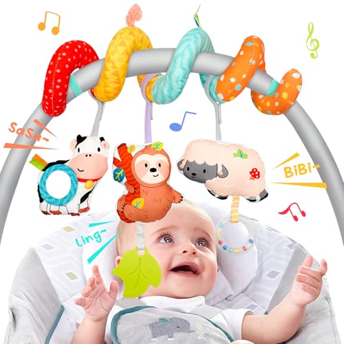Image of XIXILAND Car Seat Toys for Babies 0-6 Months Boy Girl Carseat Toys Hanging Spiral Stroller Toys, Infant Toys Baby Toys 0-6 Months Newborn Toys 0 3 Months Brain Development with Mirror Teether Rattle