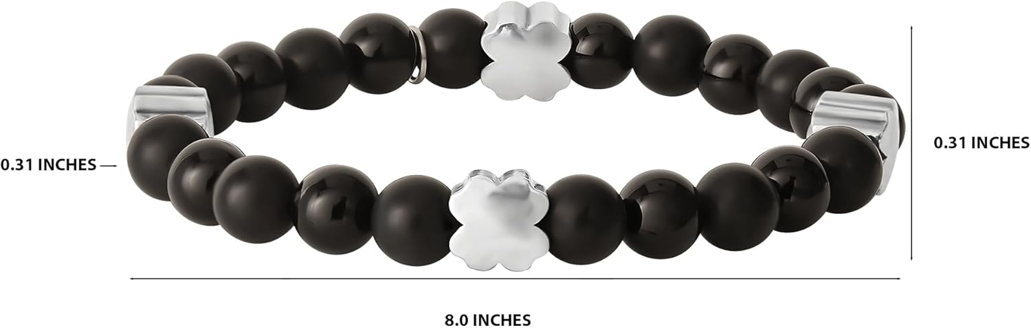 Lucky Brand Clover and Black Onyx Bead Bracelet for Men, Silver Flash-Plated Brass Black Beaded Bracelet, Stretch Bracelet
