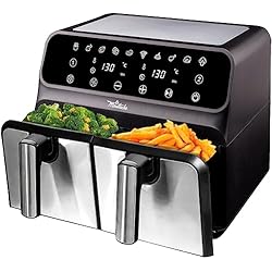 La Moustache - Freidora de Aire Sin Aceite 8L, Air Fryer Digital Doble 1700W, Pantalla LED Táctil con 10 Funciones, Temperatura 60-200 °C, 2 Cestas Independientes/Antiadherentes, Temporizador (Gris)