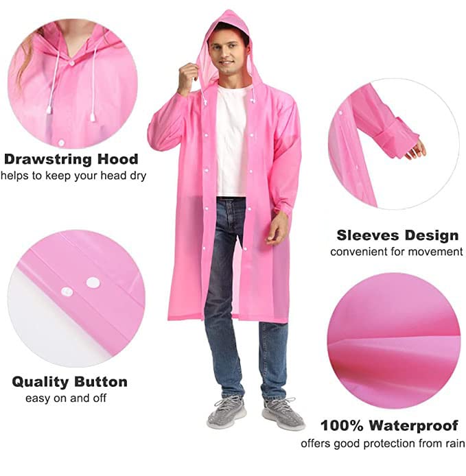 GUKOY Regenponchos für Erwachsene, wiederverwendbar, 2er-Pack, Regenmäntel Notfall für Frauen Männer mit Kapuze und Kordelzug, Rosa und Rosa